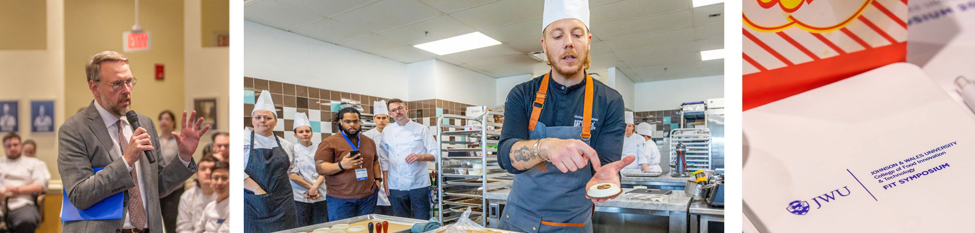 Left to right: Hospitality entrepreneur Will Guidara, wellness chef Jen Welper '06 and the Symposium logo. Scenes from the 2024 FIT Symposium: Dean Evans speaking to the attendees (left) and Gonzo Jimenez (center) leading a candy-making workshop. Right: FIT schedule.