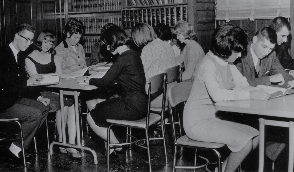 Studying in the library, 1963. JWU students study in the library, 1963.