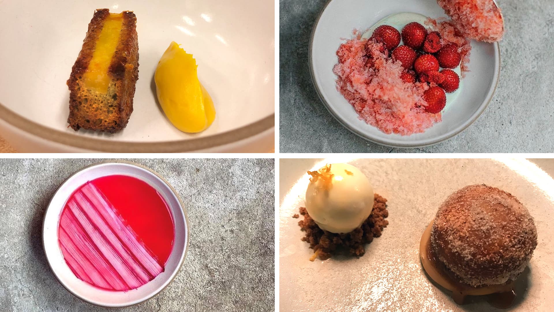 Cosme dishes that Josh worked on (clockwise): Squash 3.0; strawberry raspado; olive oil panna cotta with rhubarb; Pan de Muerto donut filled with cajeta, orange sherbet and cinnamon.