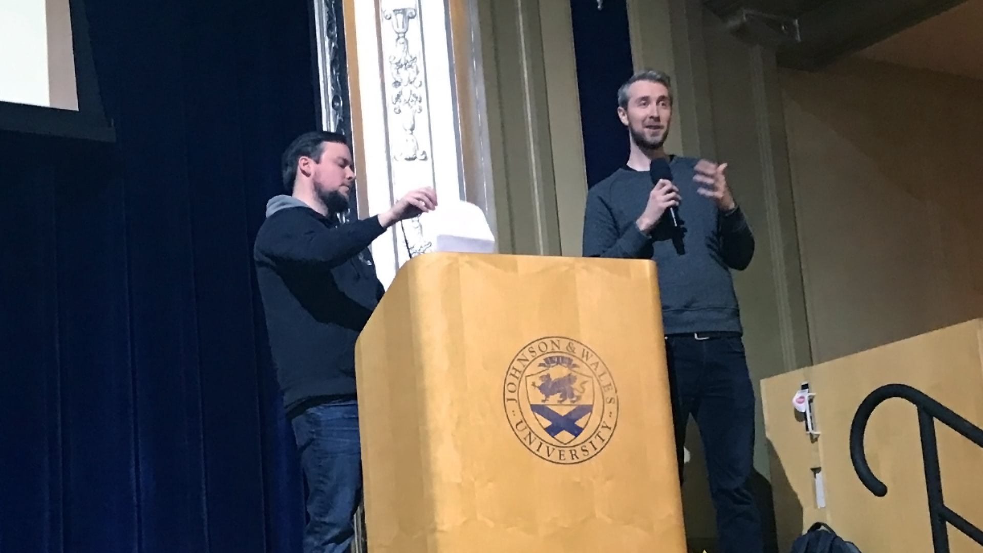 Dan Saldarini and Jon Bricker of Pretty Polly Productions speak at JWU Dan Saldarini and Jon Bricker of Pretty Polly Productions speak at JWU.