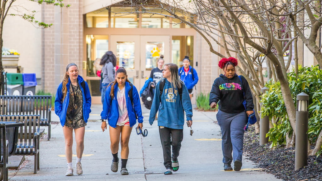 four girls walking together
