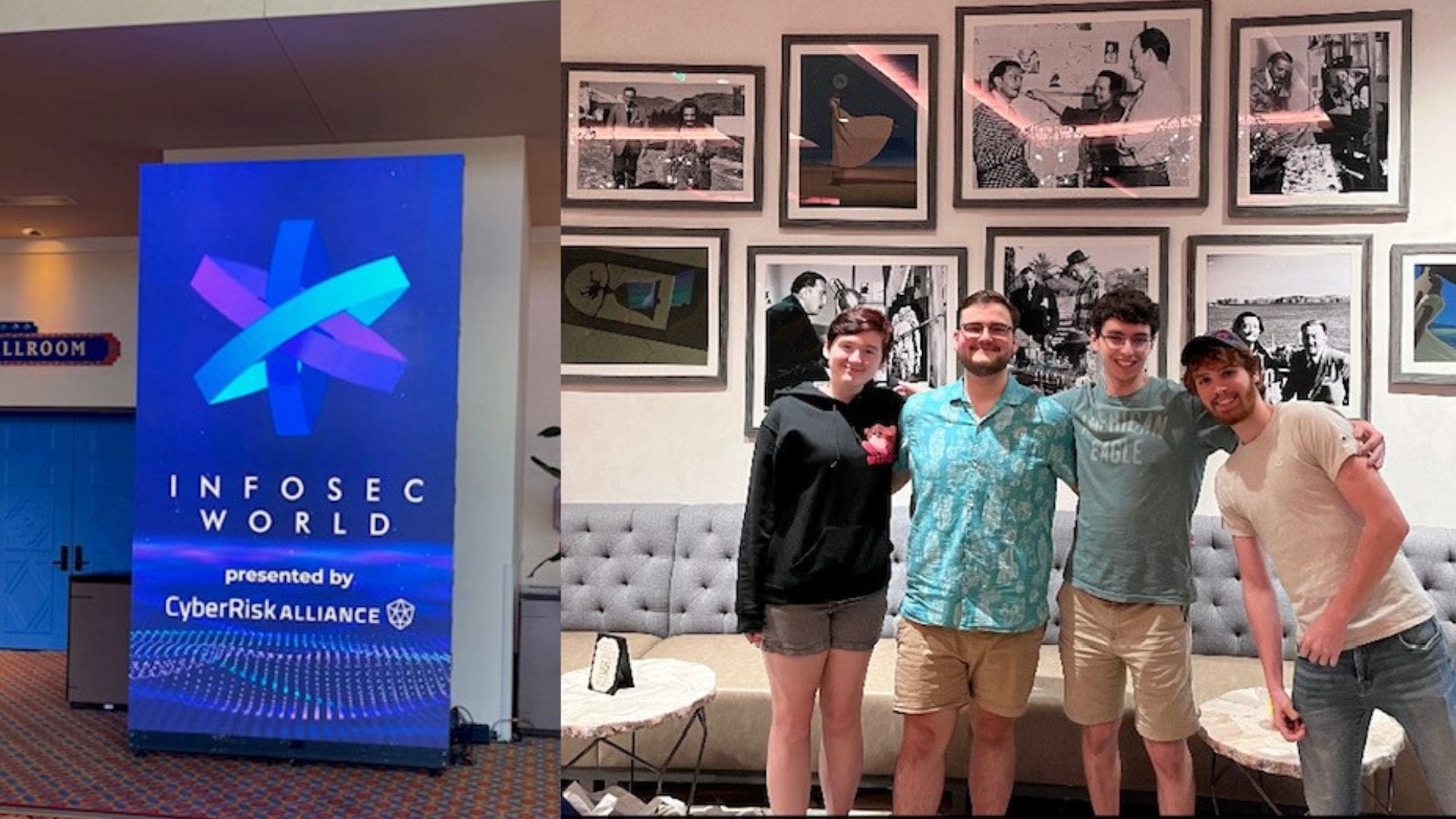 Cybersecurity students collage: Banner at conference on left; group photo on right of four students