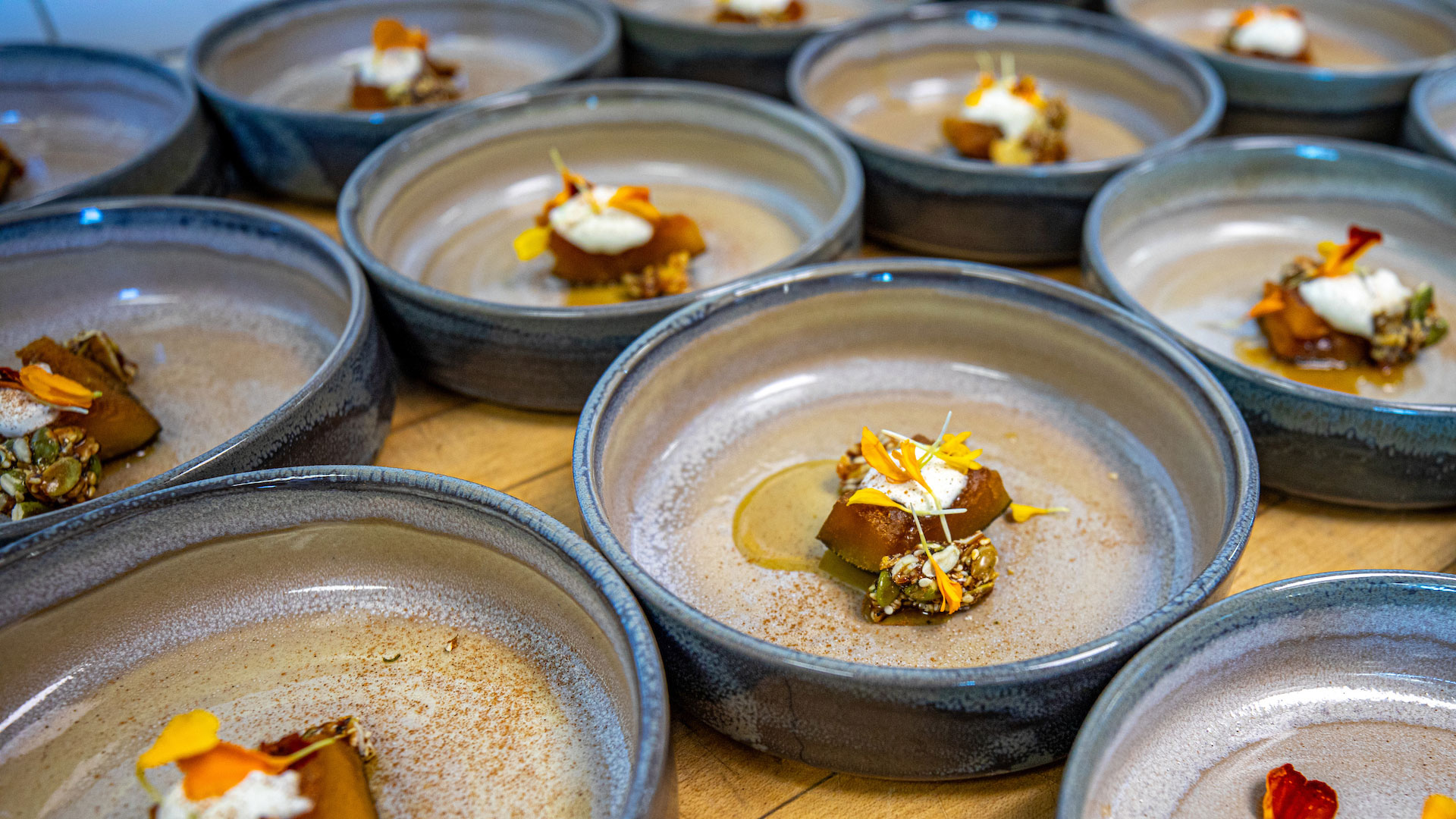 Sweet and savory dessert dishes in a row. 