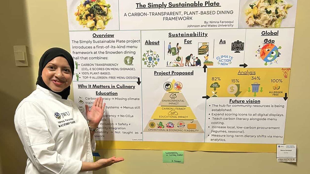 Nimra Farooqui with her research into sustainable dining frameworks for restaurant operations.