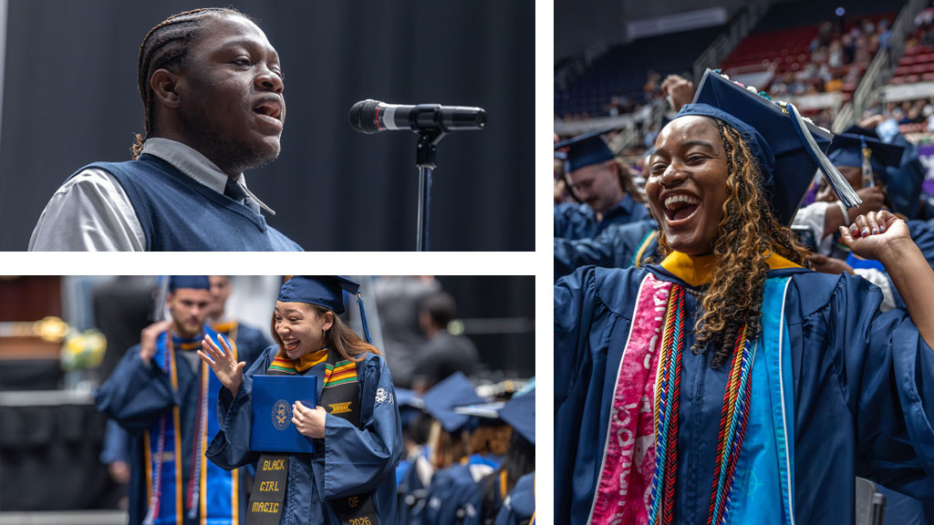 Scenes from Charlotte Commencement, including Kalid Joseph singing the anthem (top left) and joyous grads.