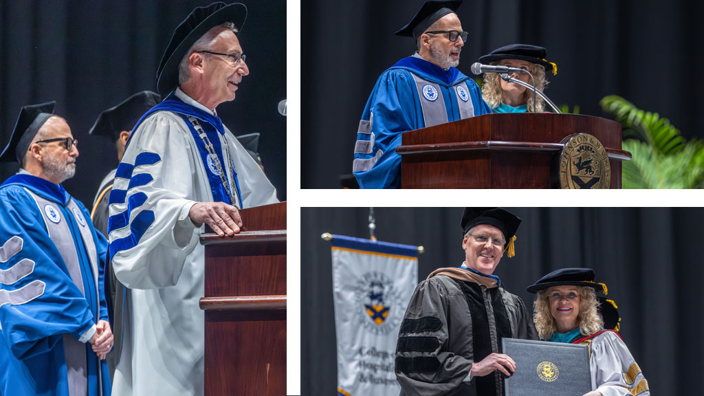 Clockwise from top left: President Mathieu and Provost Wiscott speaking at the podium; Chancellor Runey with Steven Bagwell ’26 Hon.